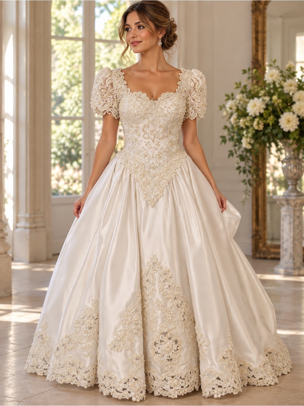 Vintage (J8) Ivory Lace Appliqué Ball Gown Dress with Puff Sleeves